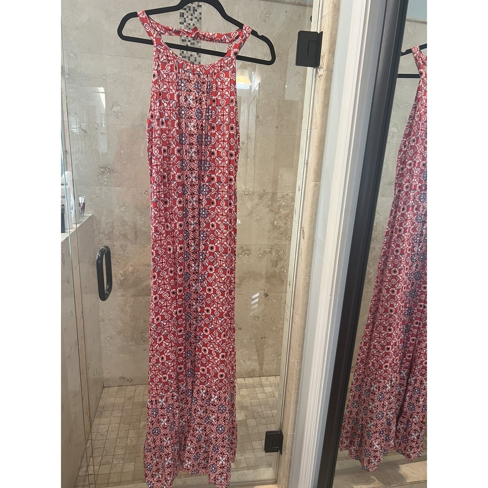 Crown & Ivy Red White Blue Tribal Print Halter Maxi Dress Boho Strappy Back L